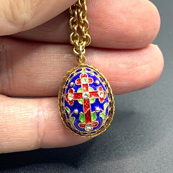 12K Gold Filled Ornate Enamel Egg Pendant  Enamel Cross on 19" Cable Chain - Picture 1 of 16